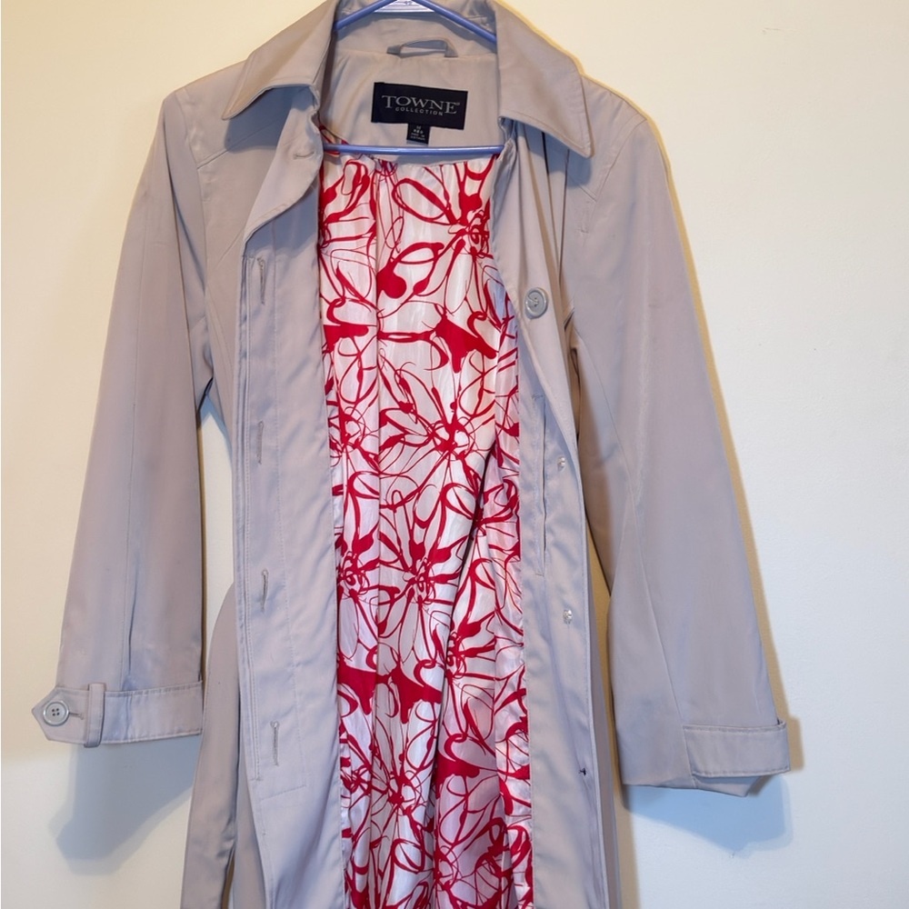 Towne Beige Trench Coat with Red Patterned Lining